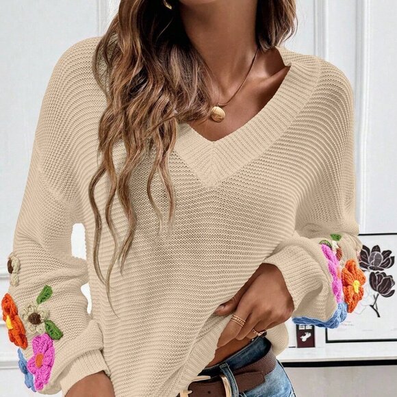 Apricot Casual Women's V-Neck Crochet Lantern Sleeve Pullover Sweater - Picture 6 of 7